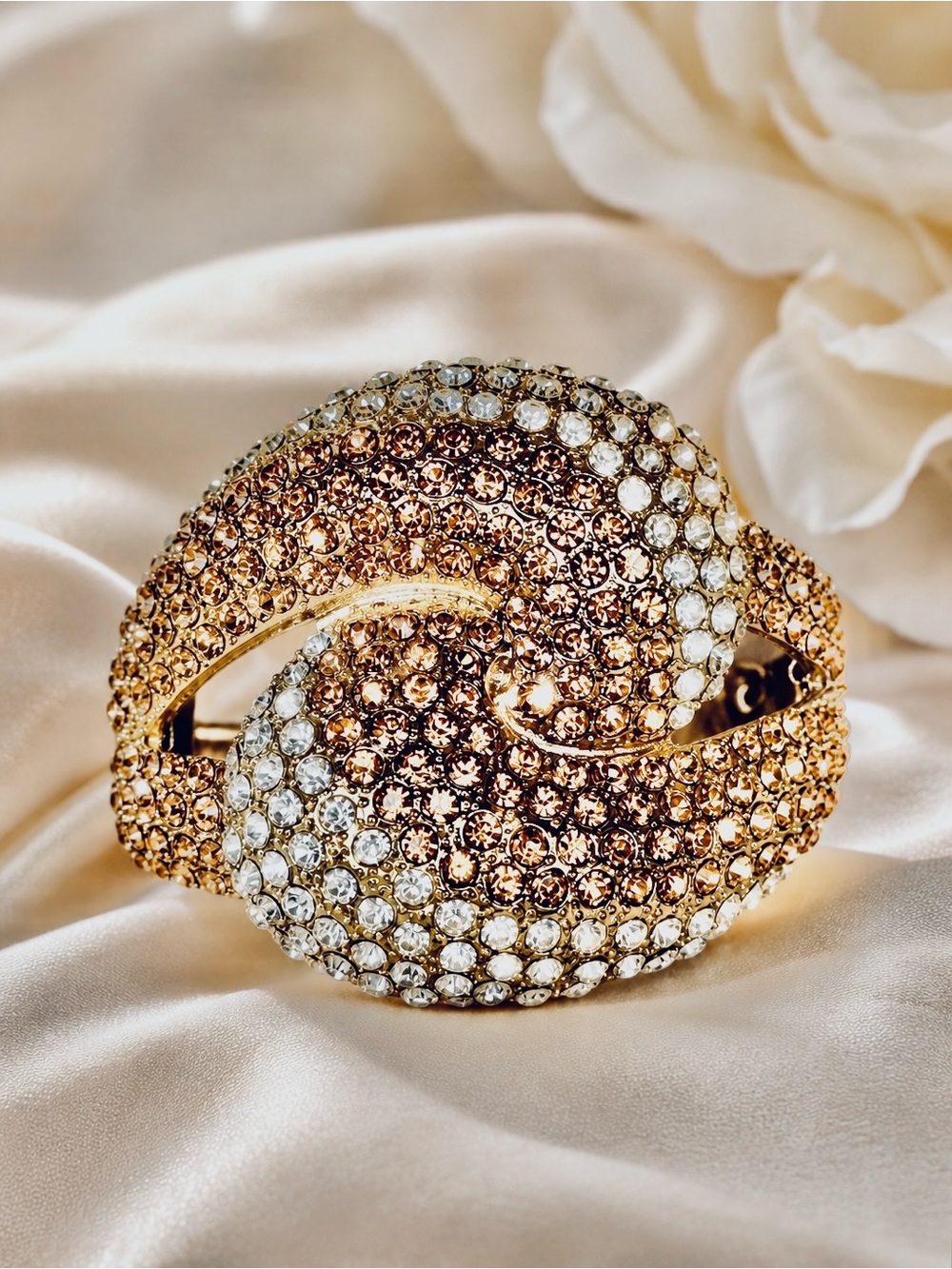 Rhinestone Bracelet Wide Gold Tone Gold Clear Rhinestone Hinged Cuff Chunky Glam
